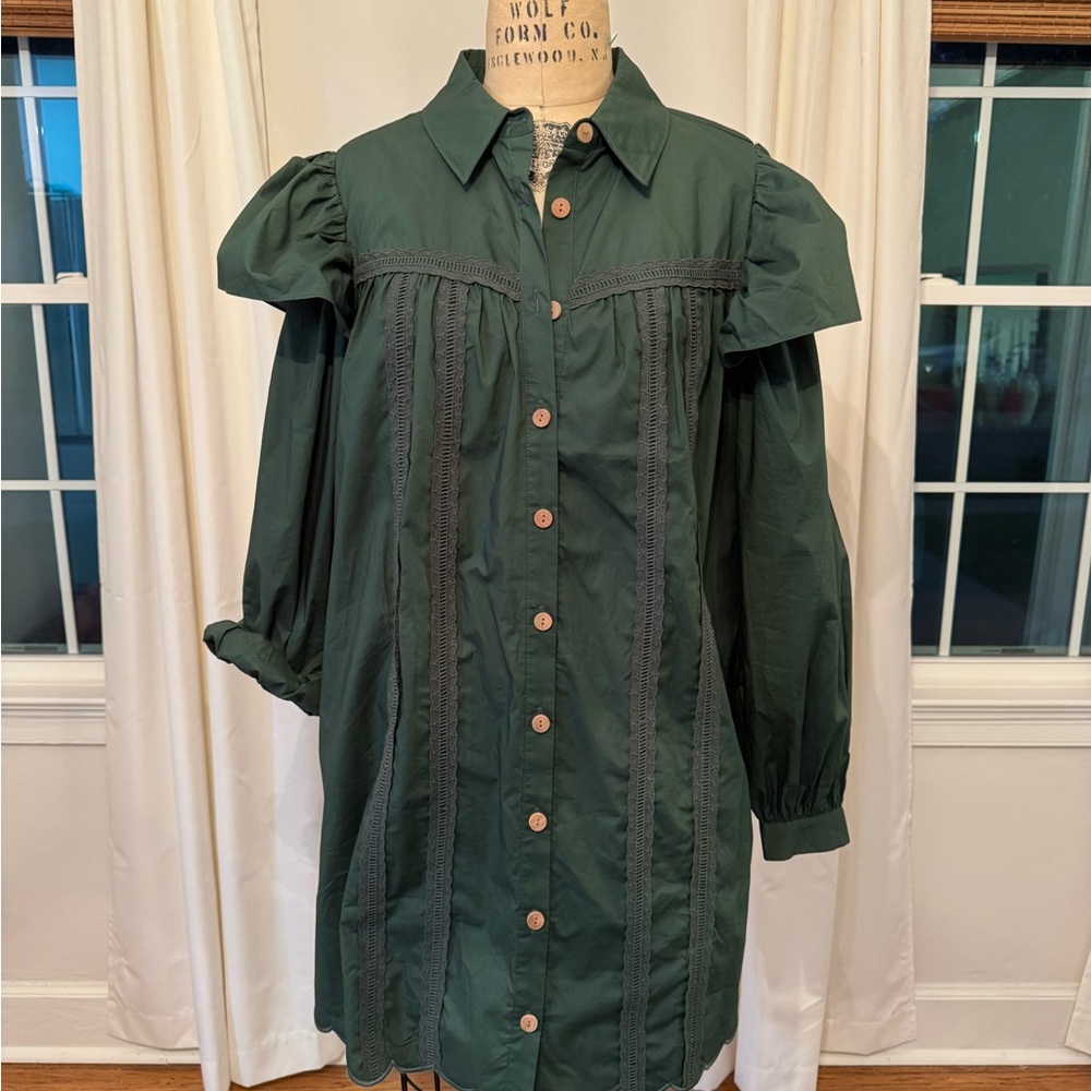 Farm Rio Green Button-Up Dress with Puff Sleeves
